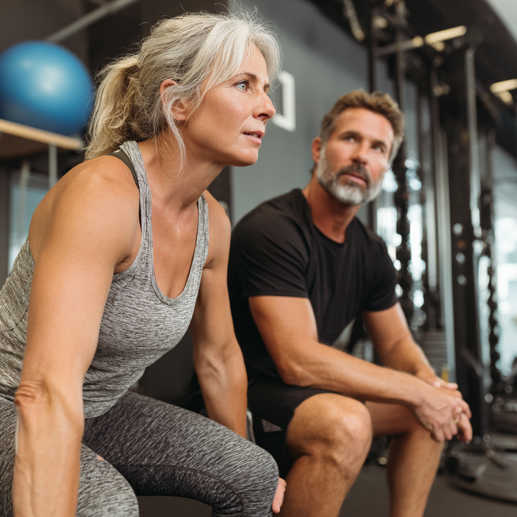 Middle-aged person exercising with personal trainer in modern fitness environment